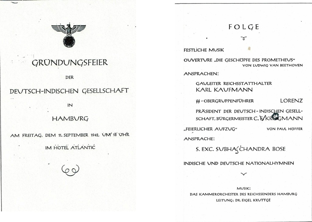 Zweiseitiges Druckprogramm der Gründungsfeier der Deutsch-Indischen Gesellschaft am 11. September 1942 im Hotel Atlantic.