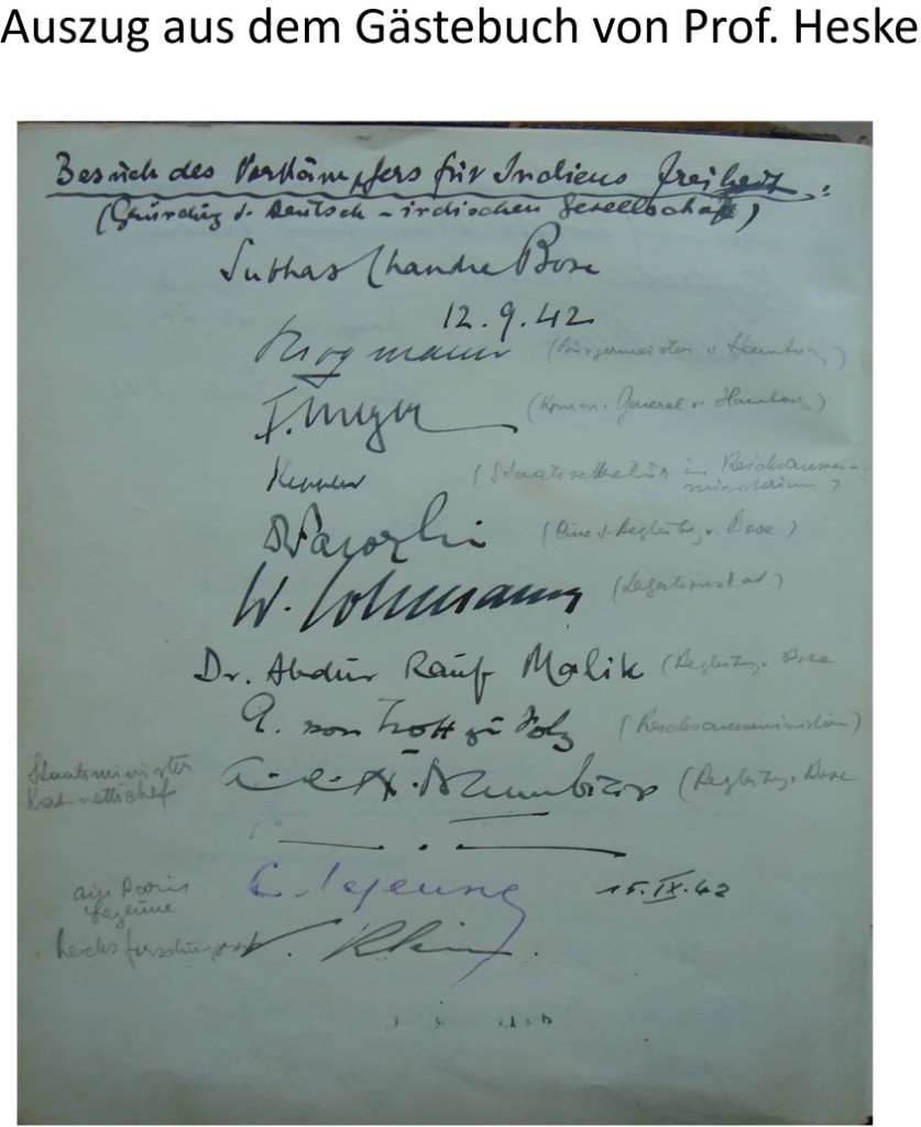 Gästebuchseite mit der Überschrift „Besuch des Vorkämpfers für Indiens Freiheit“, unterschrieben von Subhas Chandra Bose am 12. September 1942.