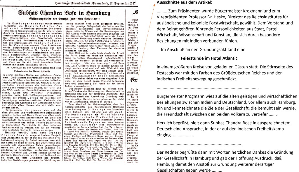 Zeitungsausschnitt mit der Überschrift „Subhas Chandra Bose in Hamburg“ und transkribierten Auszügen aus dem Bericht.