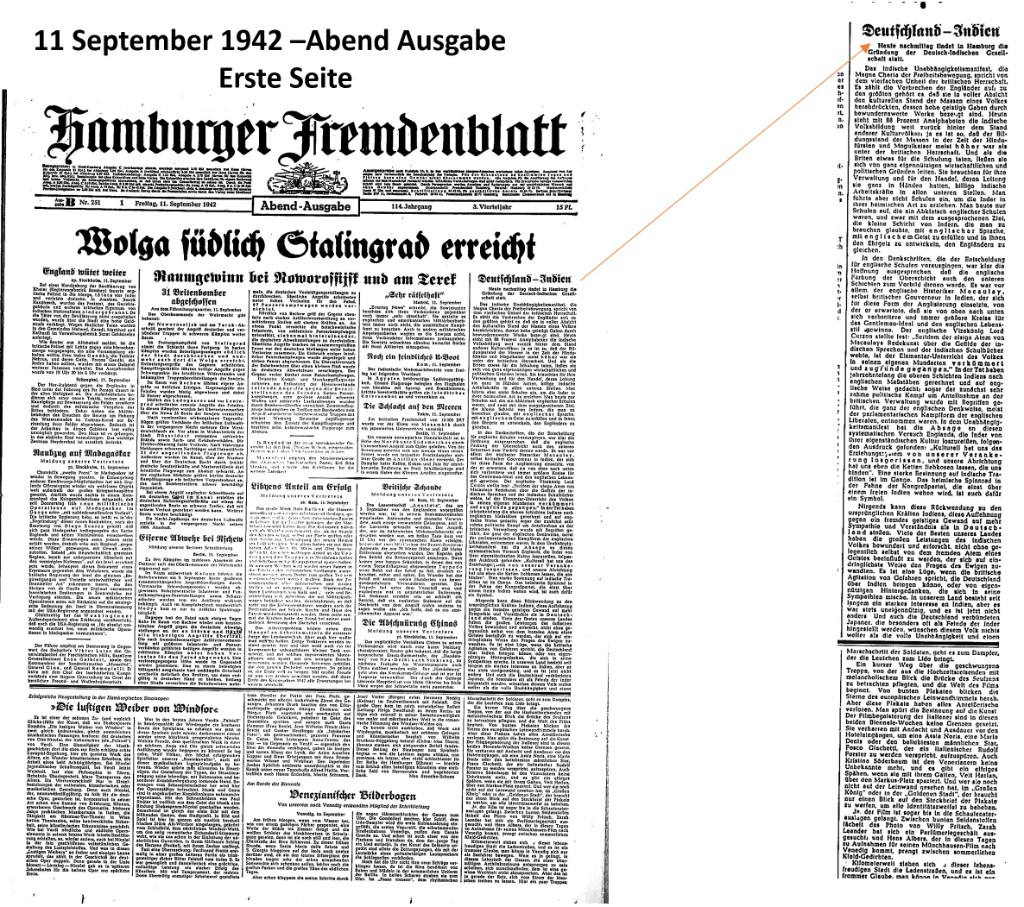 Abend-Ausgabe des Hamburger Fremdenblatts vom 11. September 1942 mit dem Artikel „Deutschland — Indien“ zur Gründung am Nachmittag.